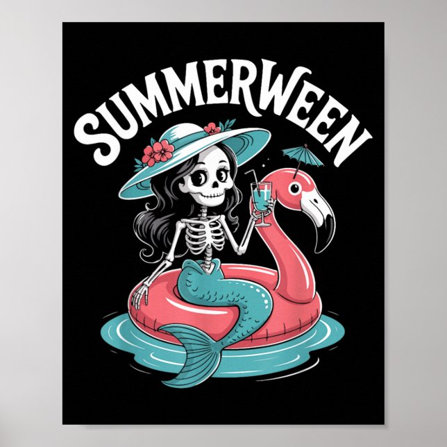 Summerween Skeleton Flamingo Halloween Vibes Poster (Front)