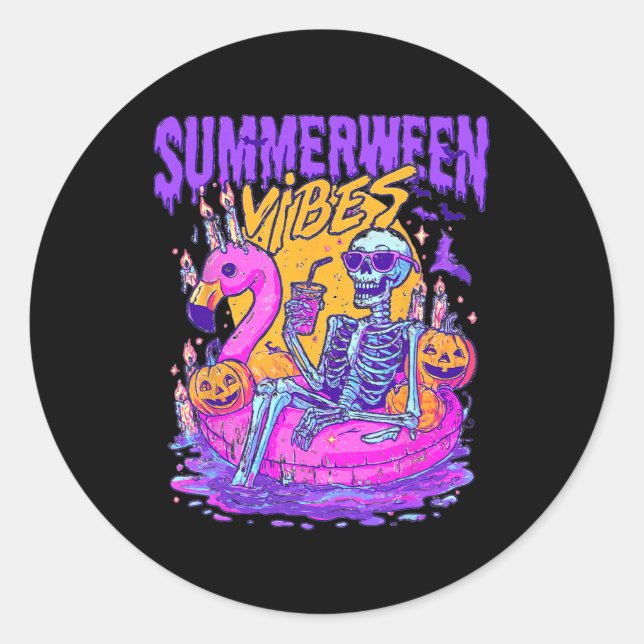 Summerween Skeleton Float Halloween Flamingo Vibes Classic Round Sticker (Front)