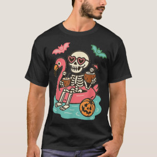 Summerween Skeleton Floating In Flamingo Spooky T-Shirt