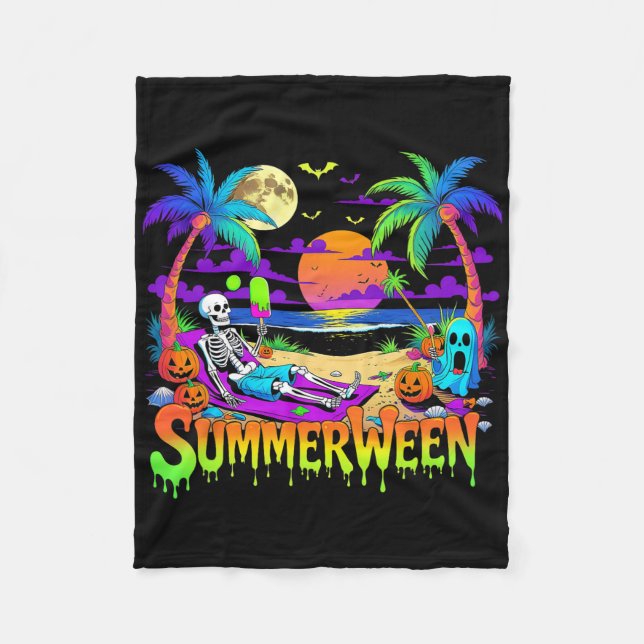 Summerween Skeleton Ghost Beach Funny Spooky Hallo Fleece Blanket (Front)
