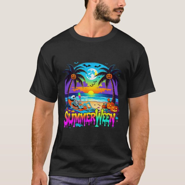 Summerween Skeleton Ghost Beach Funny Spooky Hallo T-Shirt (Front)