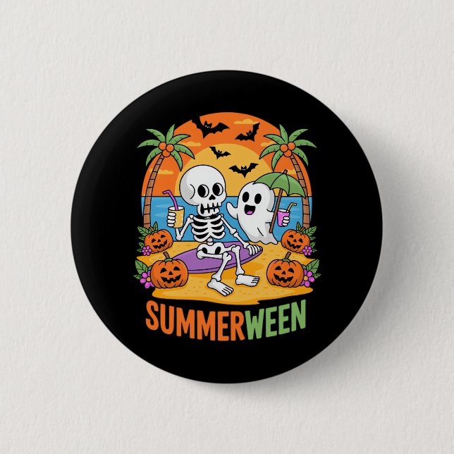 Summerween Skeleton Ghost Beach Halloween Party Fu 6 Cm Round Badge (Front)