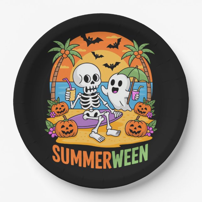 Summerween Skeleton Ghost Beach Halloween Party Fu Paper Plate (Front)