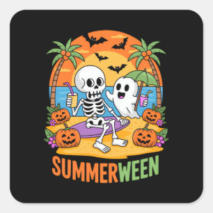 Summerween Skeleton Ghost Beach Halloween Party Fu Square Sticker