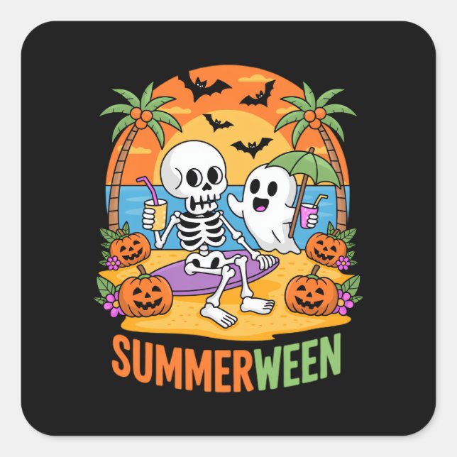 Summerween Skeleton Ghost Beach Halloween Party Fu Square Sticker (Front)
