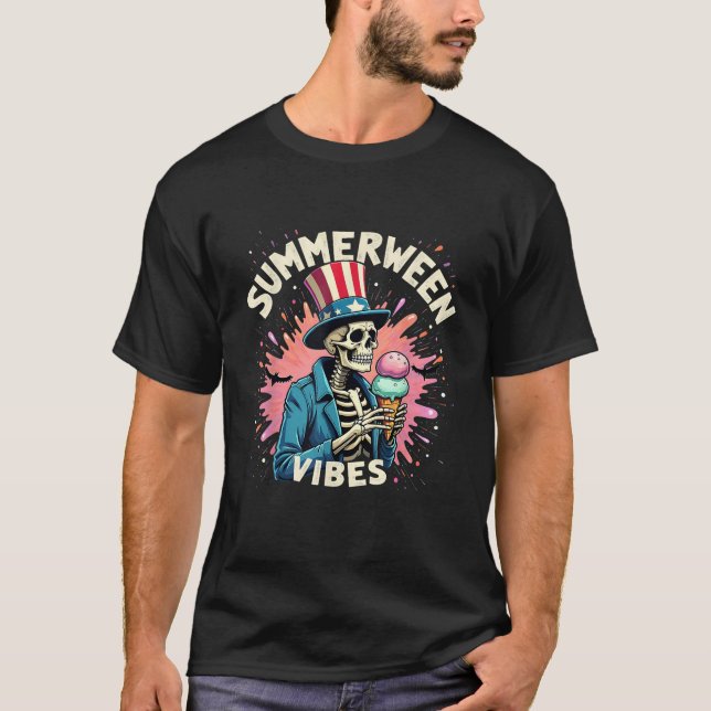 Summerween Skeleton Ice Cream USA Horror Mashup  T-Shirt (Front)