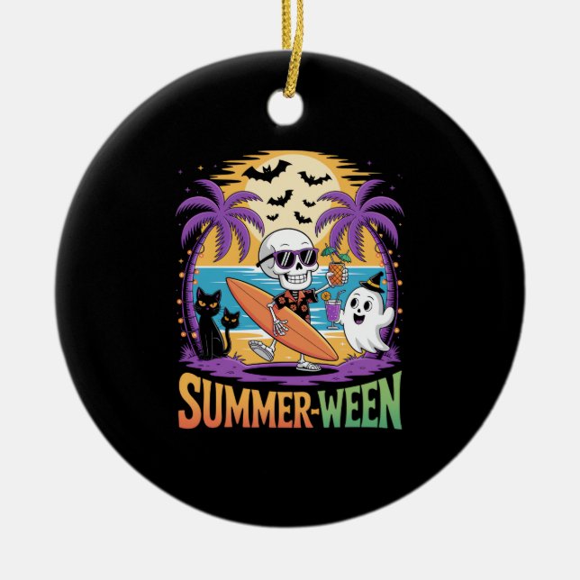 Summerween Skeleton Party Halloween Ceramic Tree Decoration (Front)