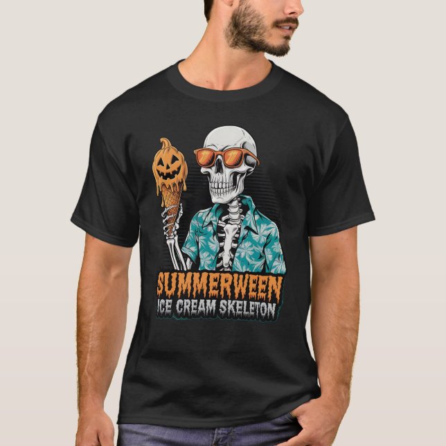 Summerween Skeleton – Spooky Ice Cream Halloween V T-Shirt (Front)