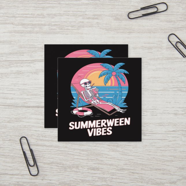 Summerween Skeleton Summer Vacation Beach Funny Square Business Card (Front/Back In Situ)