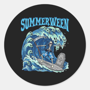 Summerween Skeleton Surf Grim Reaper Beach Spooky Classic Round Sticker