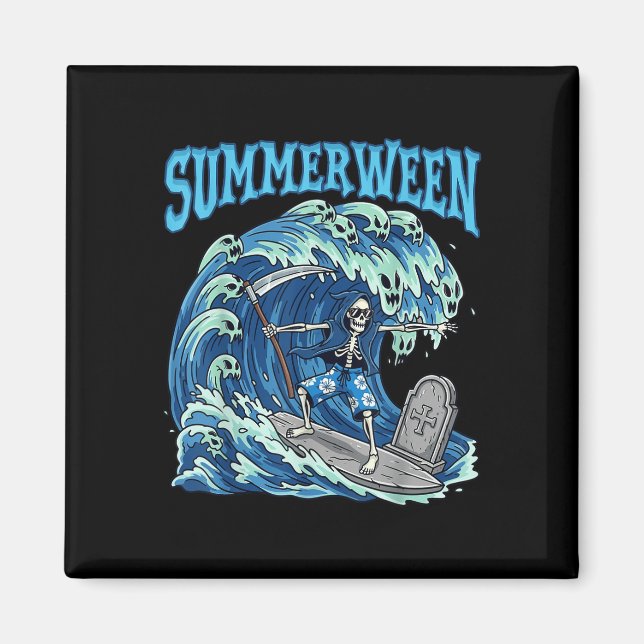 Summerween Skeleton Surf Grim Reaper Beach Spooky  Magnet (Front)