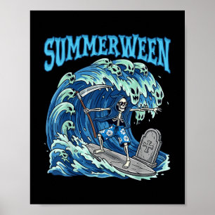 Summerween Skeleton Surf Grim Reaper Beach Spooky Poster