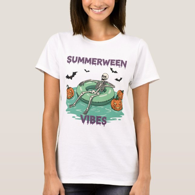 Summerween Skeleton Vibes – Spooky Beach Halloween T-Shirt (Front)