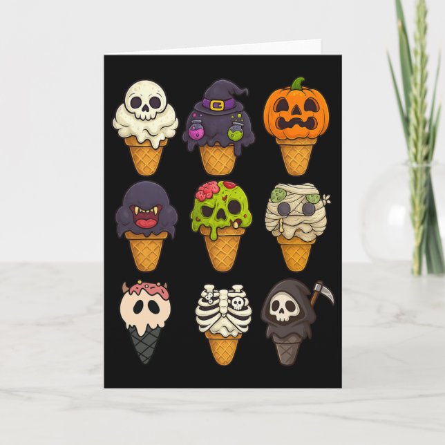 Summerween Skeleton Zombie Pumpkin Mummy Ice Cream Card (Front)
