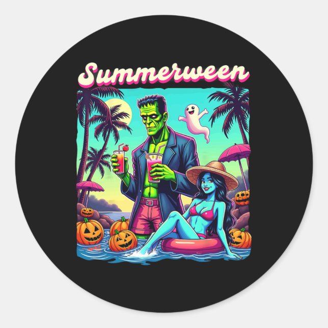 Summerween Summer Halloween Zombie Frankenstein Bo Classic Round Sticker (Front)