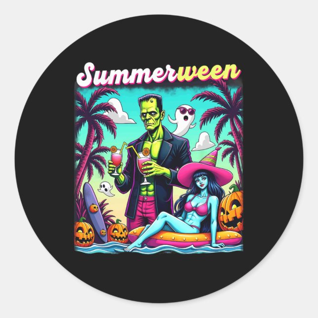 Summerween Summer Halloween Zombie Frankenstein Bo Classic Round Sticker (Front)