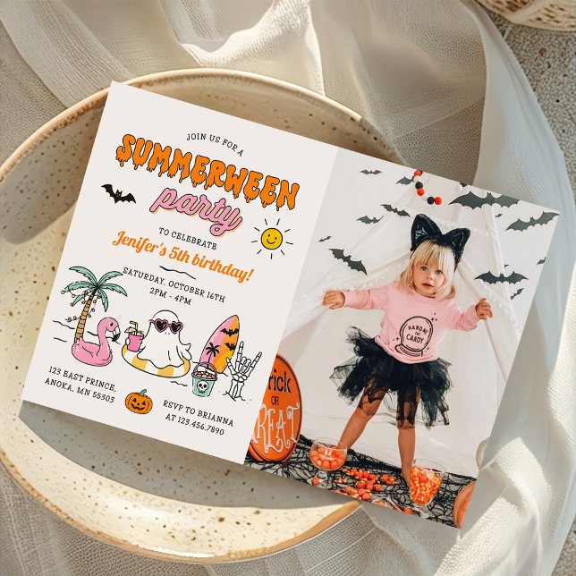 Summerween Summer Pool Halloween Birthday Photo Invitation (Creator Uploaded)