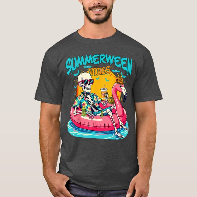 Summerween Vibes Funny Skeleton Flamingo Halloween T-Shirt (Front)