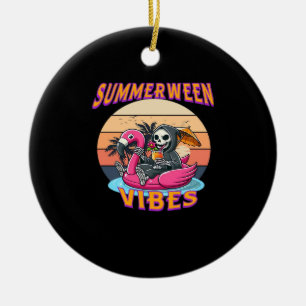Summerween Vibes Grim Reaper Flamingo Float Retro Ceramic Tree Decoration