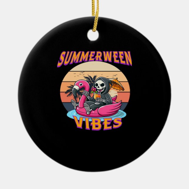 Summerween Vibes Grim Reaper Flamingo Float Retro  Ceramic Tree Decoration (Front)