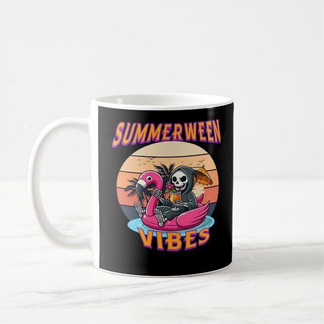 Summerween Vibes Grim Reaper Flamingo Float Retro  Coffee Mug (Left)