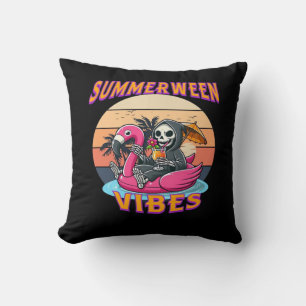 Summerween Vibes Grim Reaper Flamingo Float Retro Cushion