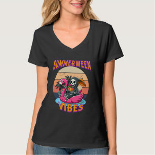 Summerween Vibes Grim Reaper Flamingo Float Retro  T-Shirt