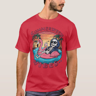 Summerween Vibes Halloween Summer Fun Flamingo Ske T-Shirt