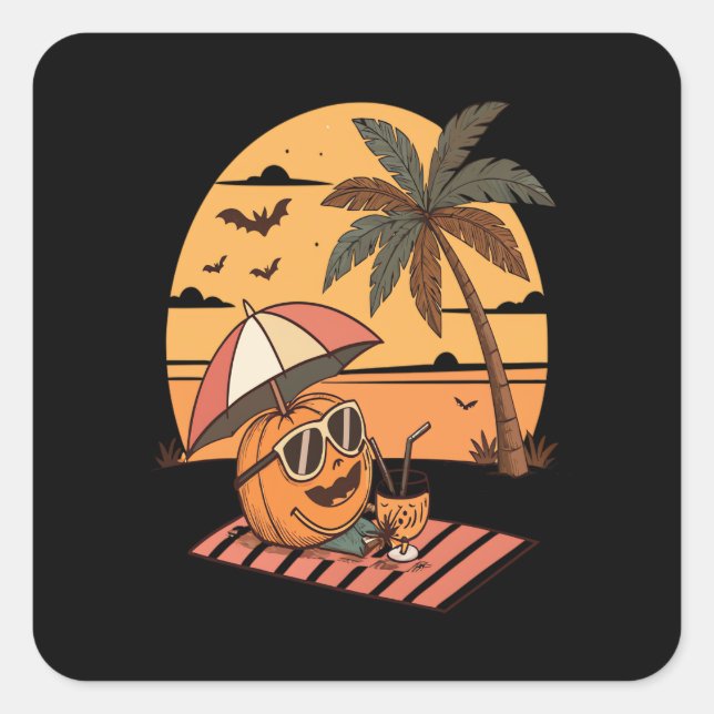 Summerween Vibes – Pumpkin On Vacation Square Sticker (Front)