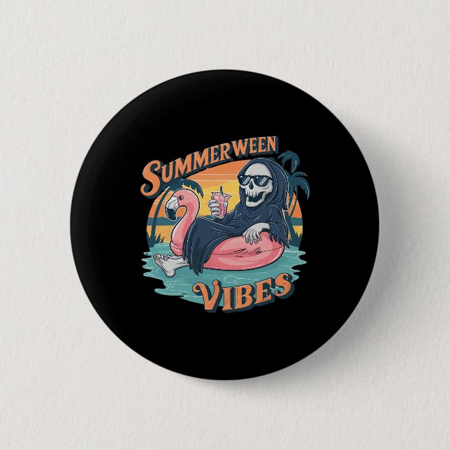 Summerween Vibes Skeleton Flamingo Float Summer Ha 6 Cm Round Badge (Front)
