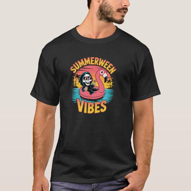 Summerween Vibes Skeleton Flamingo Float Summer Ha T-Shirt (Front)