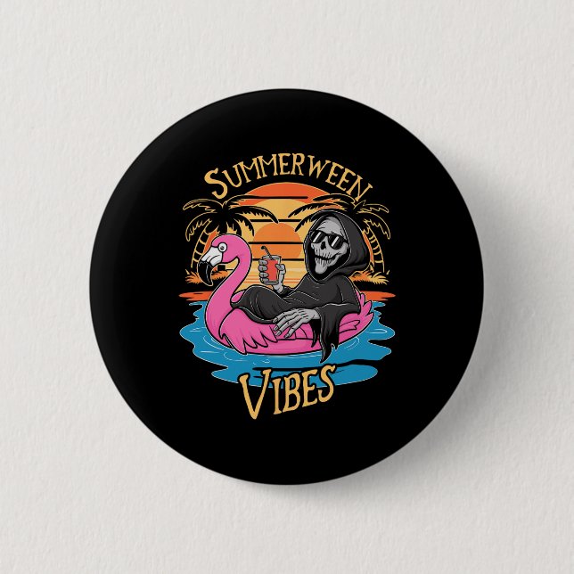 Summerween Vibes Skeleton Flamingo Spooky Hallowee 6 Cm Round Badge (Front)