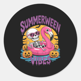 Summerween Vibes Skeleton Flamingo Spooky Hallowee Classic Round Sticker