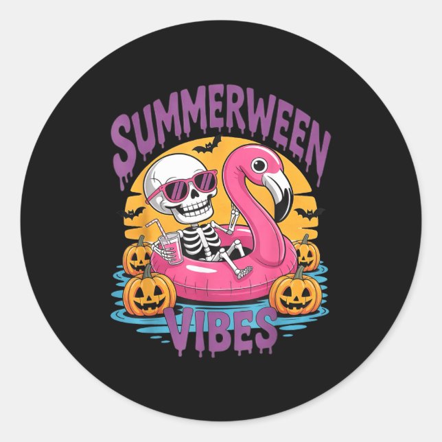 Summerween Vibes Skeleton Flamingo Spooky Hallowee Classic Round Sticker (Front)