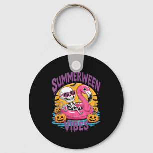 Summerween Vibes Skeleton Flamingo Spooky Hallowee Key Ring