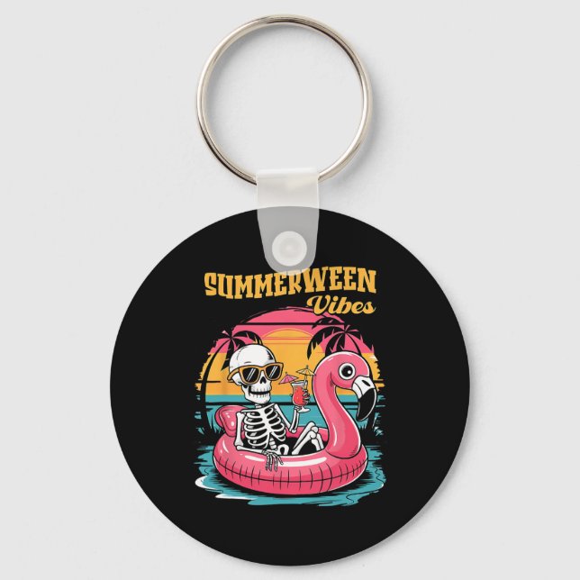 Summerween Vibes Skeleton Flamingo Spooky Hallowee Key Ring (Front)