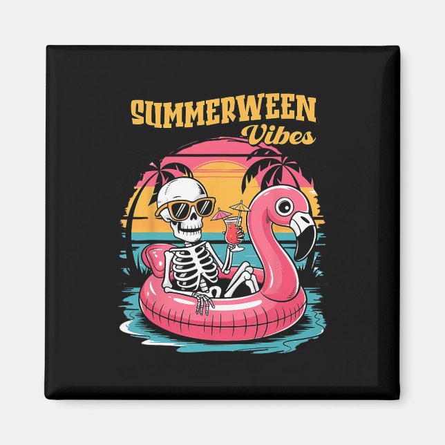 Summerween Vibes Skeleton Flamingo Spooky Hallowee Magnet (Front)