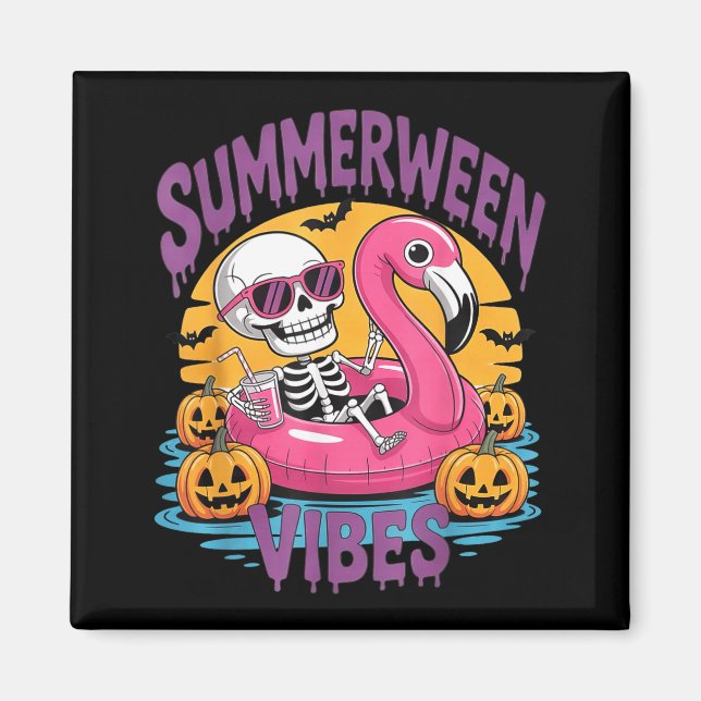 Summerween Vibes Skeleton Flamingo Spooky Hallowee Magnet (Front)
