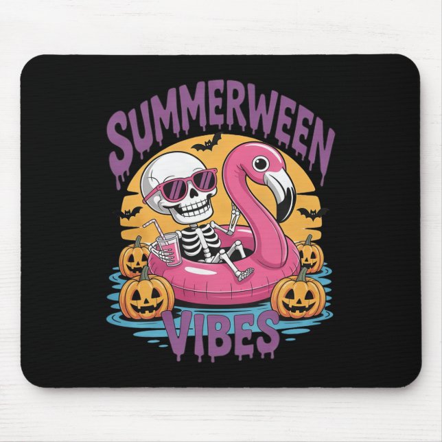 Summerween Vibes Skeleton Flamingo Spooky Hallowee Mouse Pad (Front)