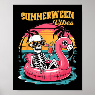 Summerween Vibes Skeleton Flamingo Spooky Hallowee Poster
