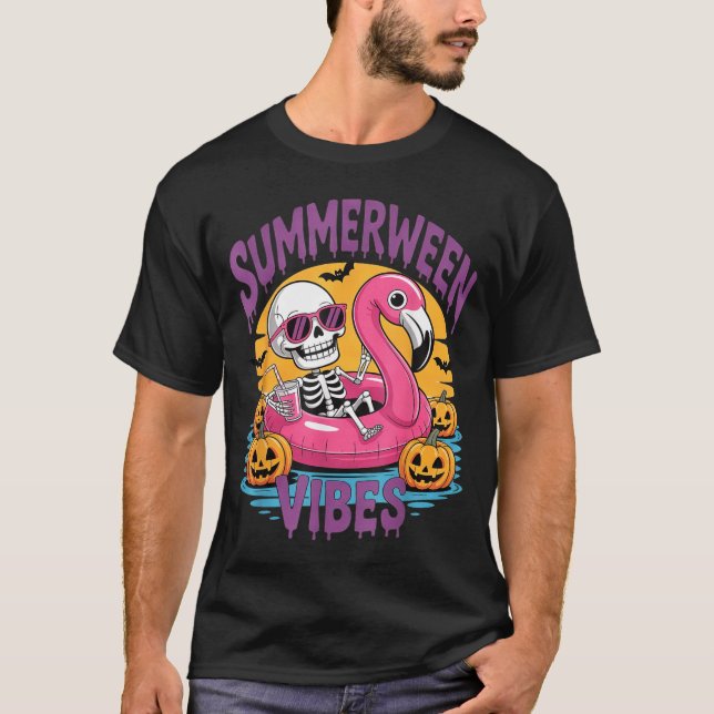 Summerween Vibes Skeleton Flamingo Spooky Hallowee T-Shirt (Front)