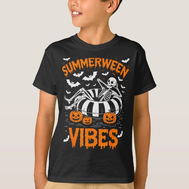 Summerween vibes skeleton floating pool pumpkin T-Shirt (Front)