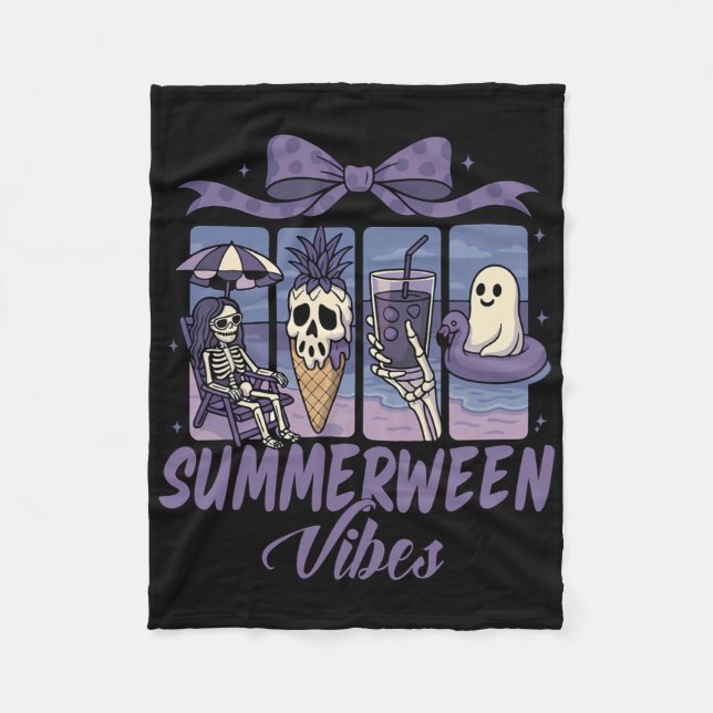 Summerween Vibes Skeleton Ghost Beach Party Hallow Fleece Blanket (Front)