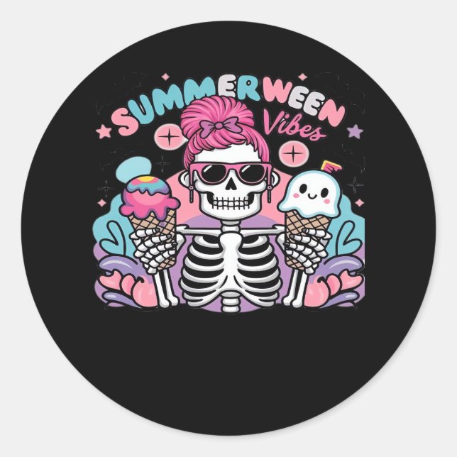 Summerween Vibes Skeleton IceCream Summer Vacation Classic Round Sticker (Front)