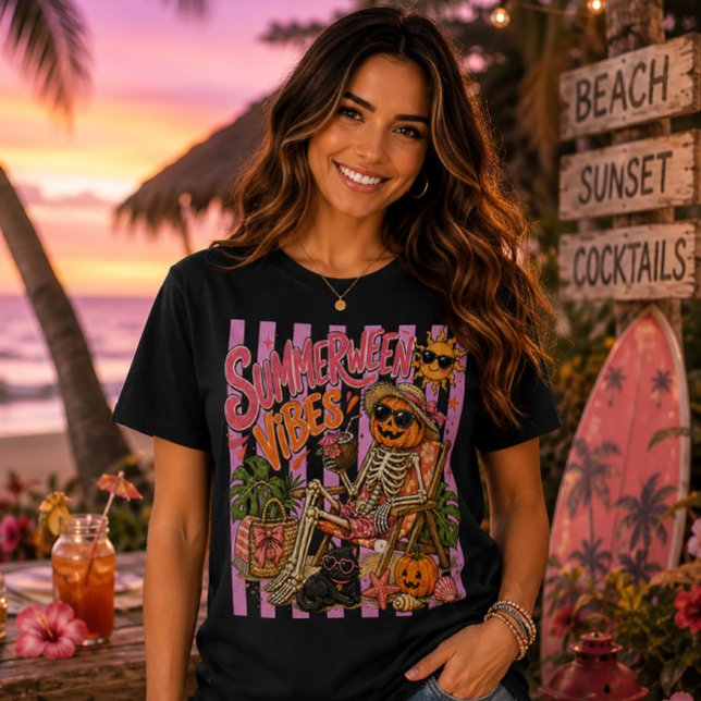 Summerween Vibes Skeleton Pumpkin Beach Halloween T-Shirt (Creator Uploaded)