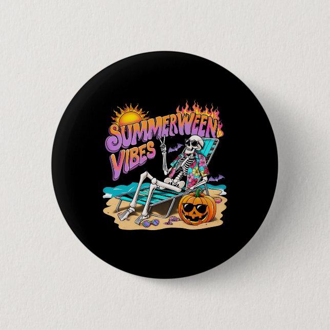 Summerween Vibes Skeleton Pumpkin Spooky Vacation  6 Cm Round Badge (Front)