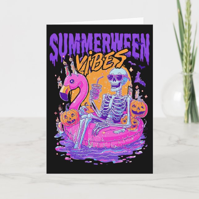 Summerween Vibes Skeleton Pumpkin Spooky Vacation  Card (Front)