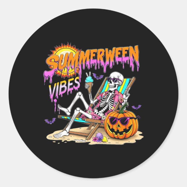 Summerween Vibes Skeleton Pumpkin Spooky Vacation  Classic Round Sticker (Front)
