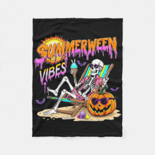 Summerween Vibes Skeleton Pumpkin Spooky Vacation  Fleece Blanket