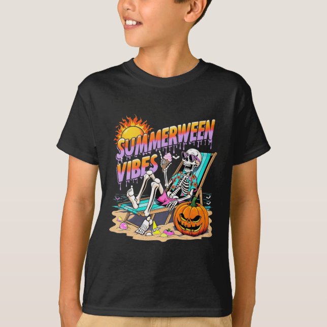 Summerween Vibes Skeleton Pumpkin Spooky Vacation  T-Shirt (Front)